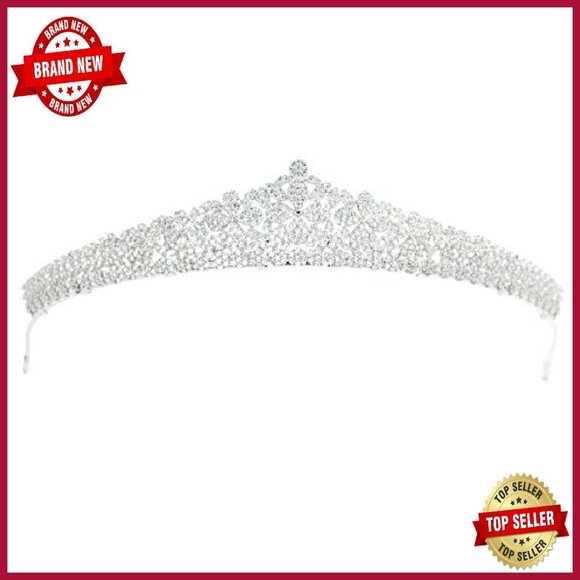 Platinum Plated Copper Wedding Tiara Crown with CZ Flowers - Picture 2 of 8